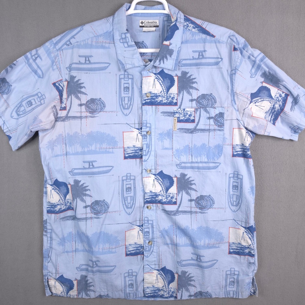 Columbia Mens XXL Blue Short Sleeve Button Fishing Boat Tropical Print Shirt